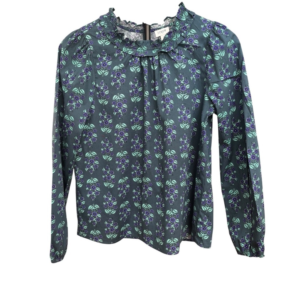 J. Crew Long-Sleeve Ruffleneck Poplin Blouse Teal & Purple Floral Print W Small - Picture 2 of 10